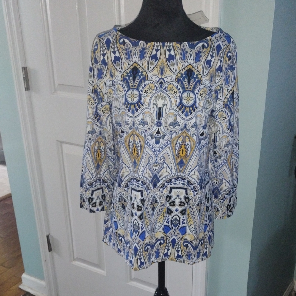 NWT CHARTER Club Blue and Yellow Patterned Women's Top